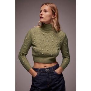 NWT Zara Wool Turtleneck Beaded Crop Sweater